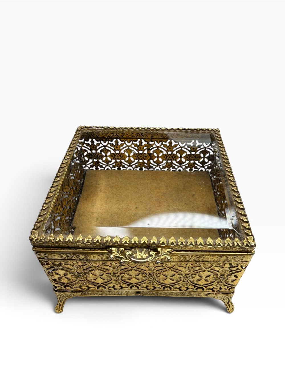 Vintage Brass Filigree Glass Top Trinket Jewelry Box Footed Decorative Casket